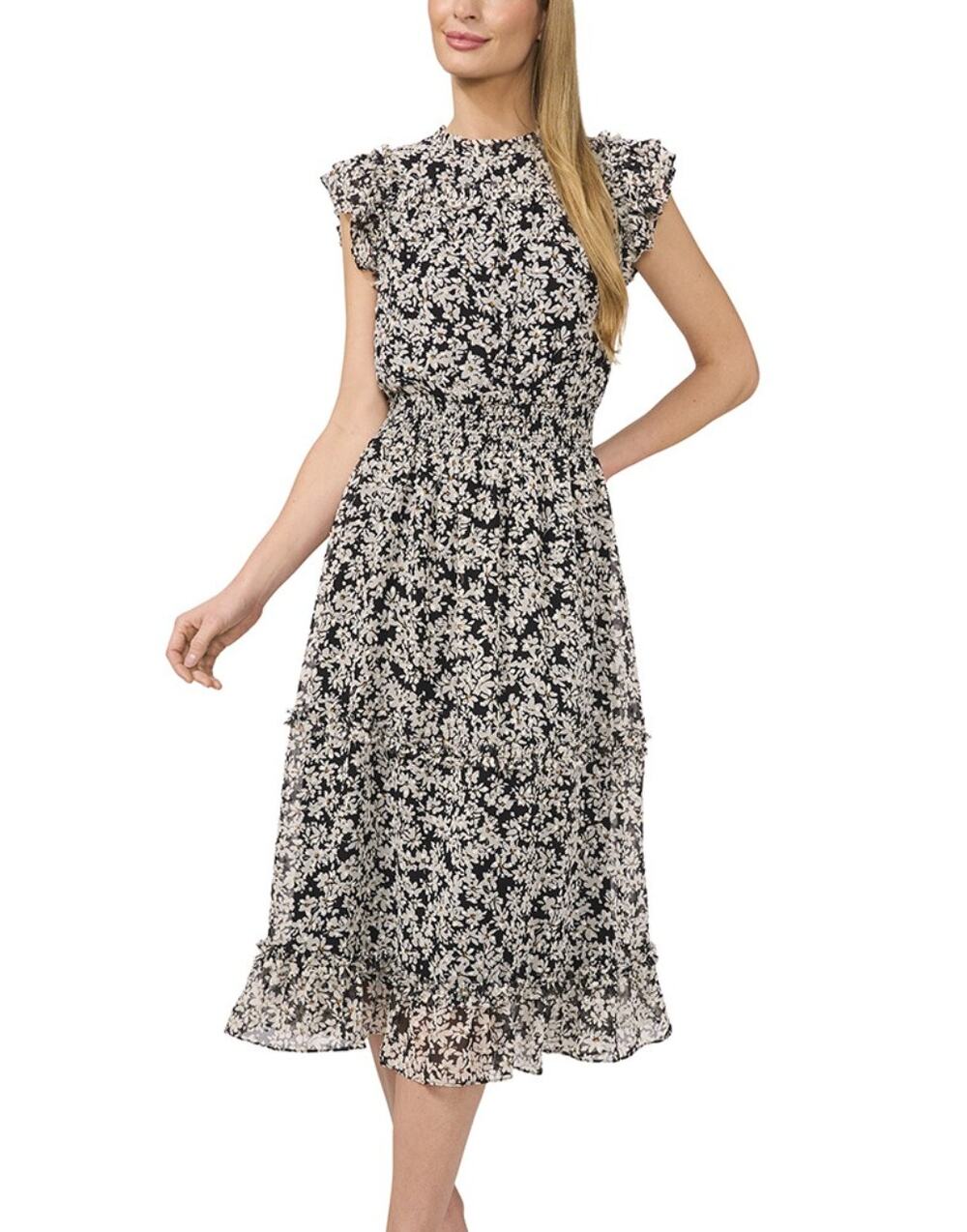 CECE Women's Floral Print Midi Dress Small Black White Smocked Waist NWT